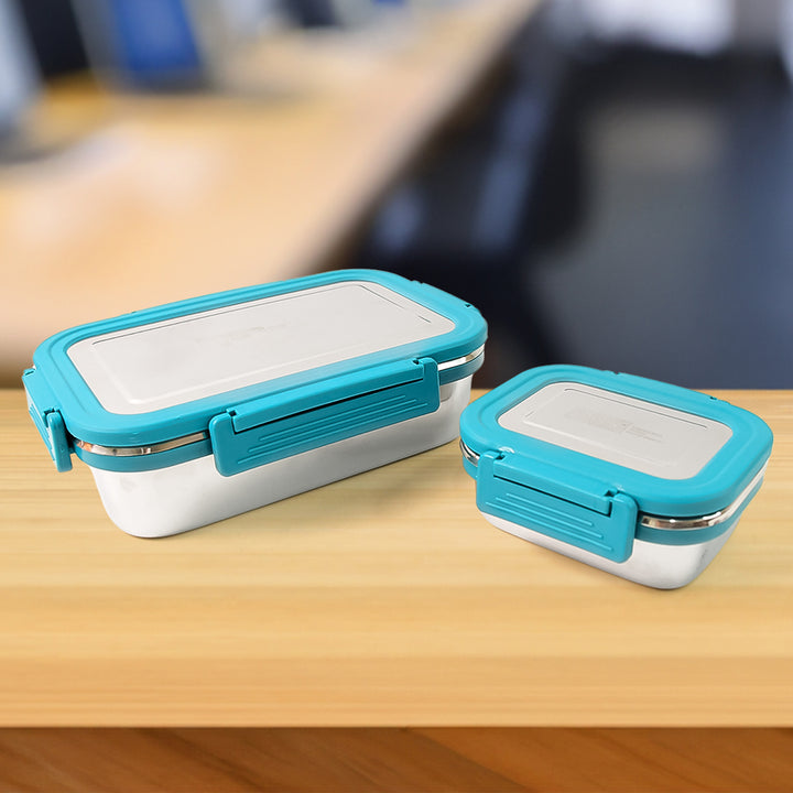 Superior eMart 2 piece lunch box for office with teal lids on wooden table