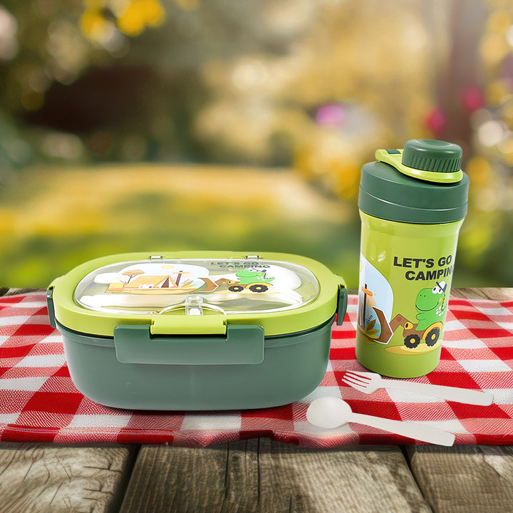 3 compartment lunch box with bottle in green, perfect for outdoor meals and picnics