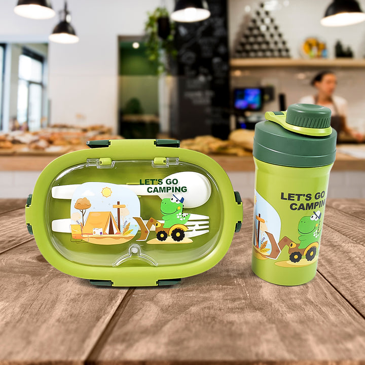 3 compartment lunch box with bottle featuring a camping design for kids and outdoor adventures