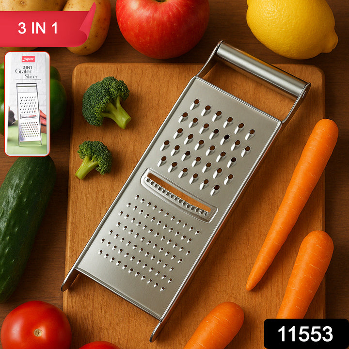 Superior eMart 3 in 1 kitchen grater tool on wooden board with fresh vegetables and fruits