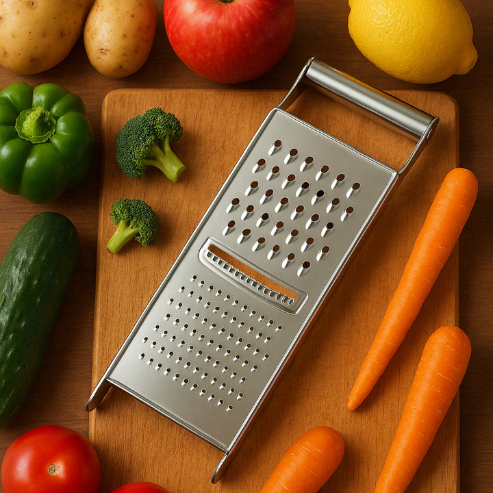 Superior eMart 3 in 1 kitchen grater tool stainless steel with multiple grating surfaces on wooden cutting board
