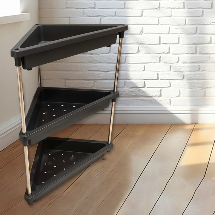 Superior eMart 3 layer corner storage rack with black triangular shelves and metal supports in a kitchen corner