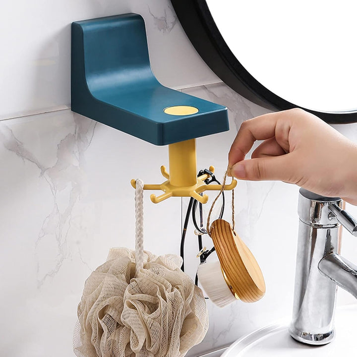 Superior eMart 360 degree rotating wall hanger in blue and yellow holding bath accessories by the sink