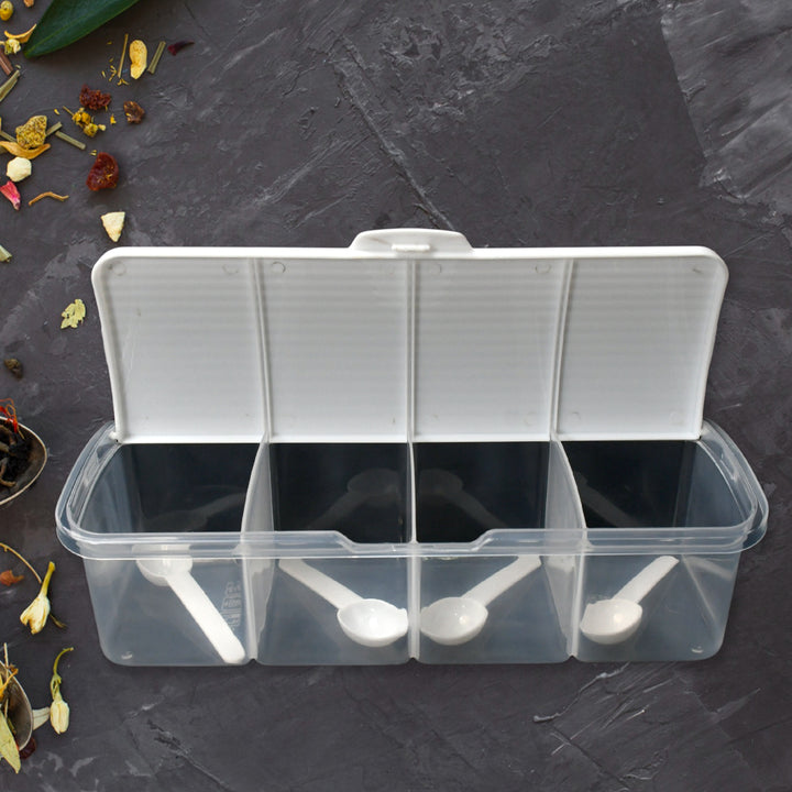 Kitchen multipurpose airtight 4-section storage containers, including a masala box, pickle (achar) jar, and four spoons for each section (1 set of mixed colors).