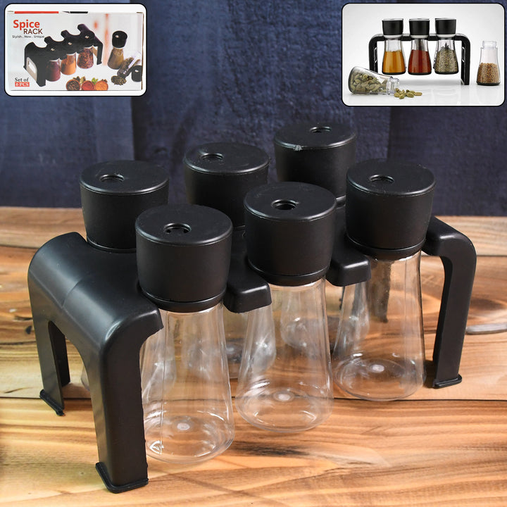 6-piece spice rack with clear glass containers and black lid for organized kitchen storage