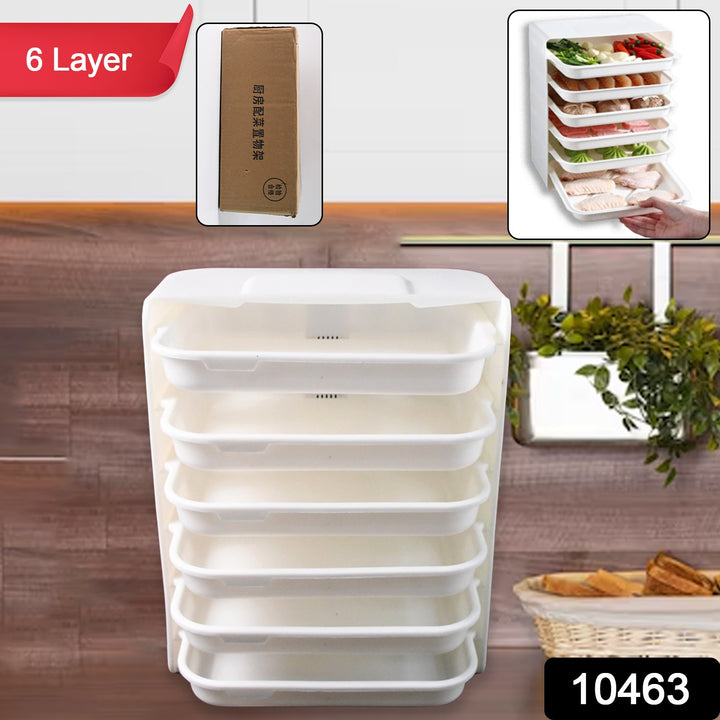 6-tier wall shelf for kitchen in white with six stackable trays for organizing food and kitchen items