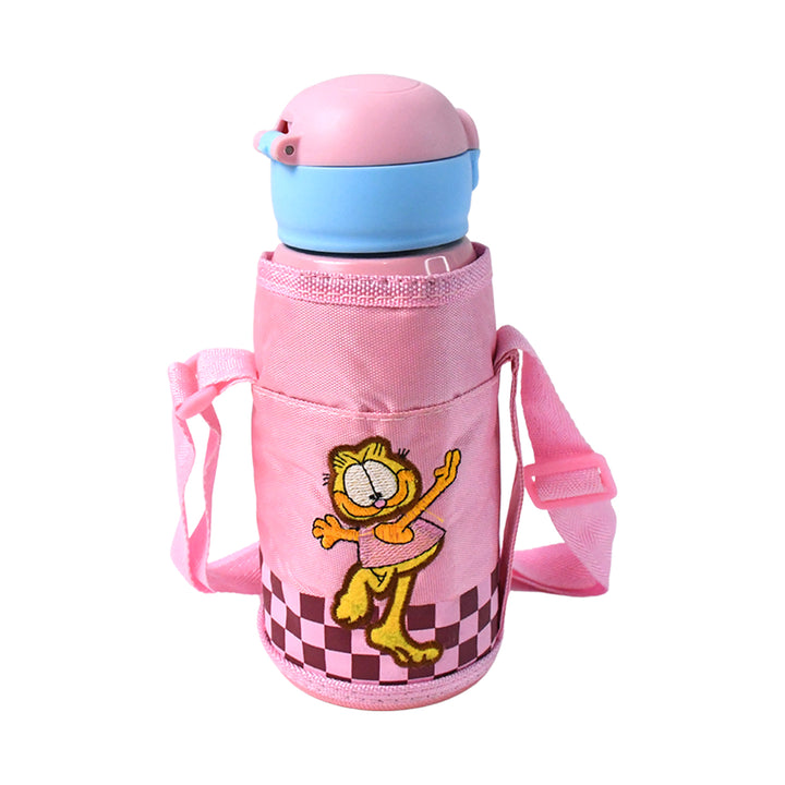 600ml vacuum bottle with strap in pink featuring cartoon character design for kids