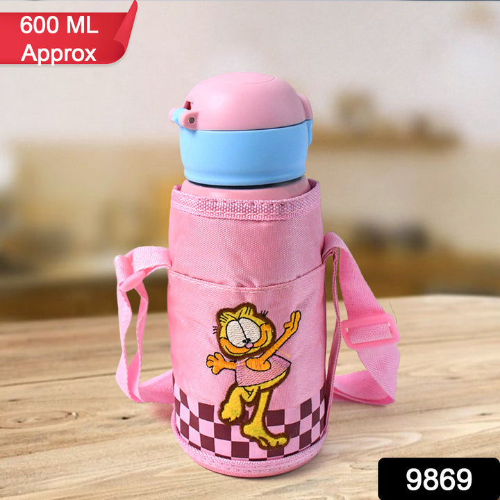 600ml vacuum bottle with strap in pink featuring cartoon character and checkered design