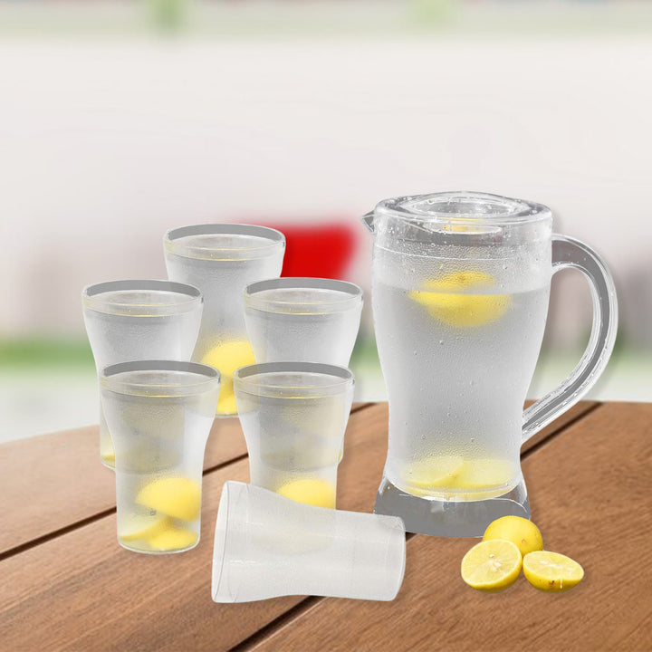 Superior eMart 7 piece unbreakable glassware set with pitcher and six glasses filled with lemon water