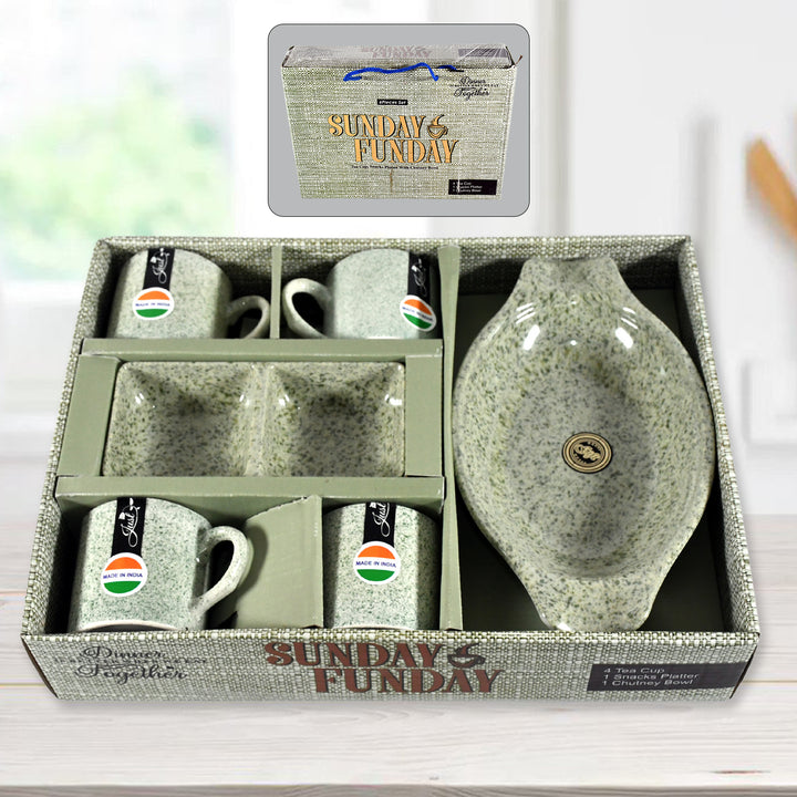 Sunday Funday Ceramic Tea / cups / Mug With Snacks Platter (6 Pcs set)