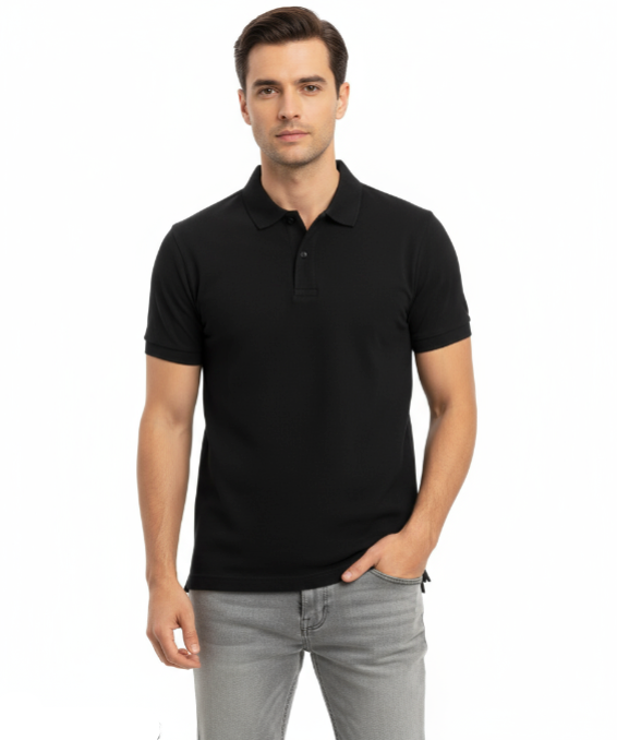 Man wearing a black polo shirt and gray pants on a white background
