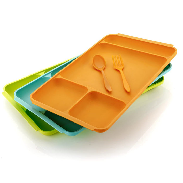 4-Compartment Plastic Dish Set with Spoon & Fork – Versatile Dinner & Pav Bhaji Plate
