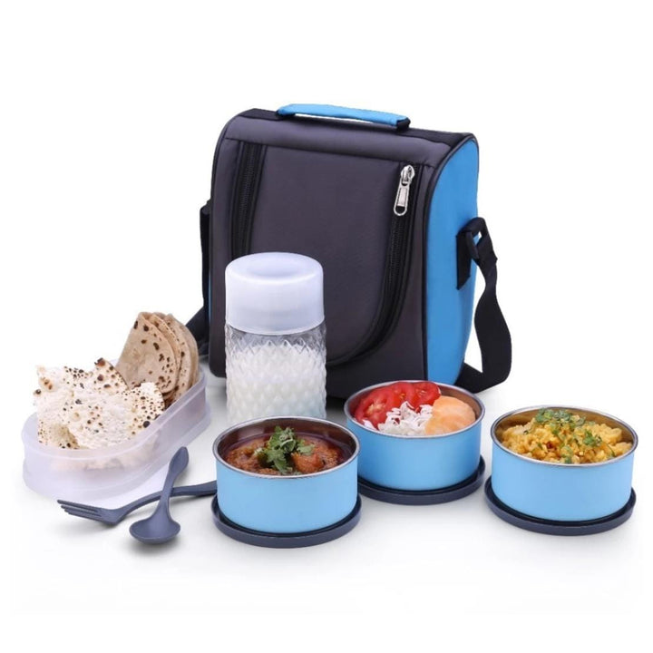 Superior eMart all in one lunch box set with insulated bag, three blue containers, and bottle for home and kitchen use