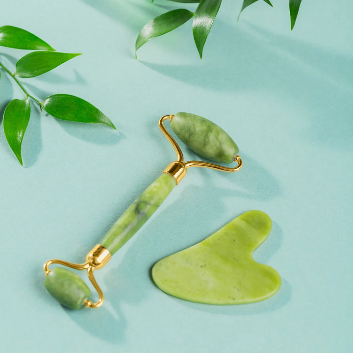 Superior eMart anti-aging face massager made of jade with a roller and gua sha tool for skincare routines