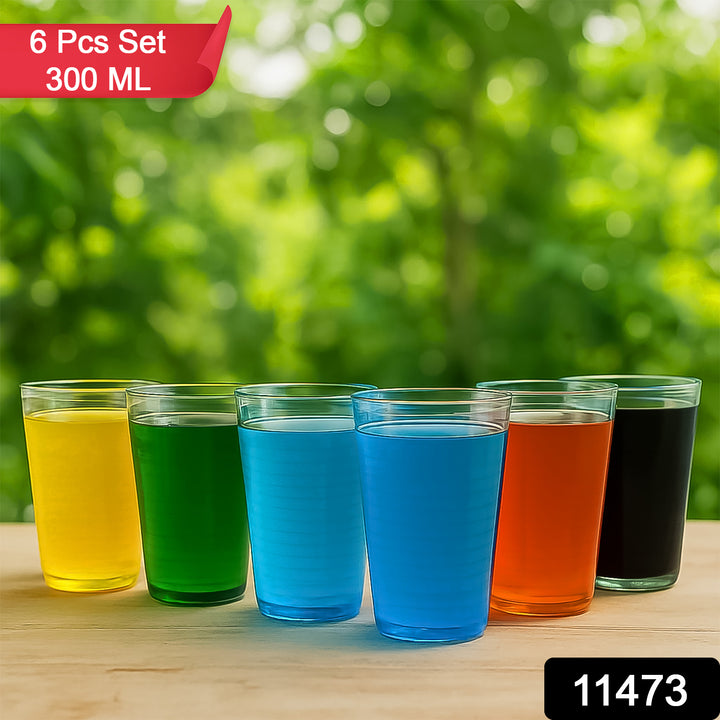 Six-piece 300ml crystal-clear drinkware set with colorful beverages displayed on a wooden surface