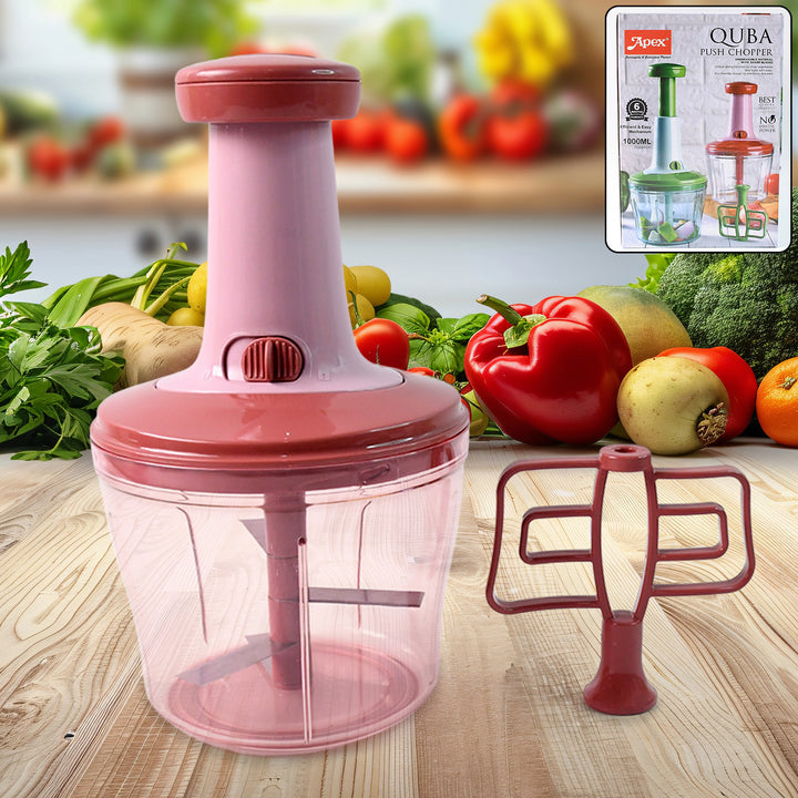 Manual food chopper 1000ml in pink with removable blades and lid for home kitchen use