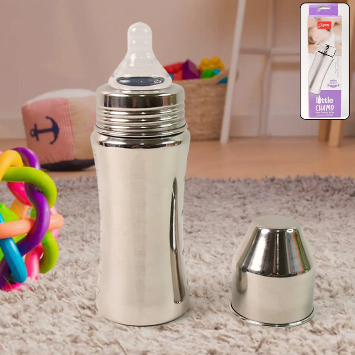 Stainless steel baby feeding bottle with a cap, perfect for safe and durable feeding on the go