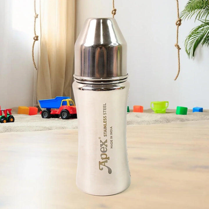 Apex stainless steel baby feeding bottle with a sleek design, perfect for feeding infants