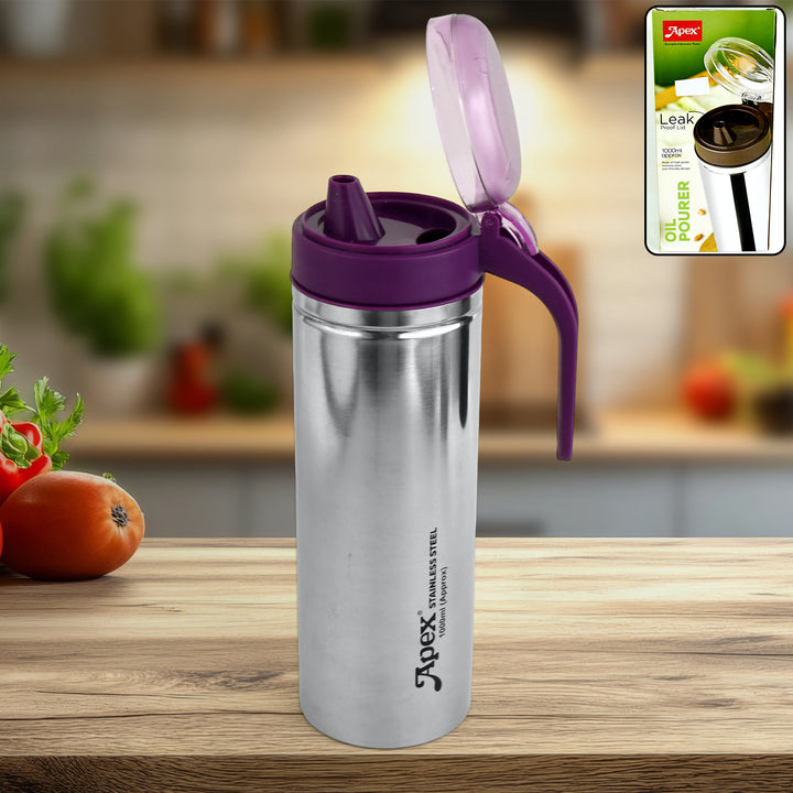 Superior eMart stainless steel oil pourer with purple lid and spout on wooden kitchen counter