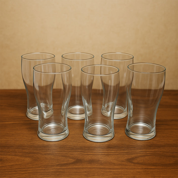 Set of six clear drinking glasses displayed on wooden surface from Superior eMart unbreakable glass pitcher set