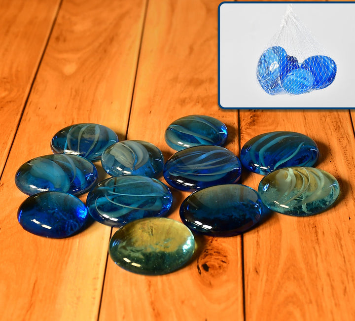 Set of vibrant aquarium glass marbles in various blue shades for home decor and crafting