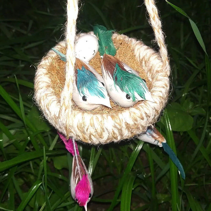 Artificial jute bird nest decor featuring colorful birds nestled inside a natural jute basket