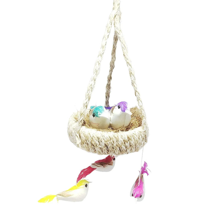 Artificial jute bird nest decor featuring colorful birds and a natural woven design for home ambiance