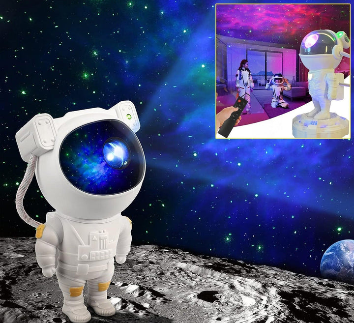 Astronaut galaxy projector lamp in white illuminating a colorful starry night sky for home decor