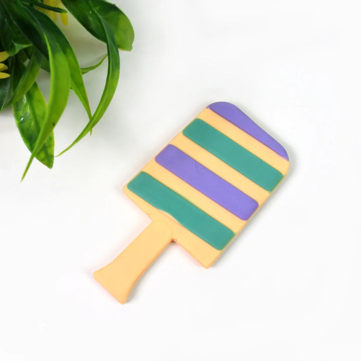 Candy shape teether in yellow and pastel colors designed for soothing baby's gums during teething