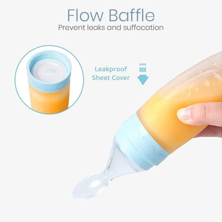 Leakproof baby food feeder spoon designed with a flow baffle to prevent leaks and ensure safe feeding