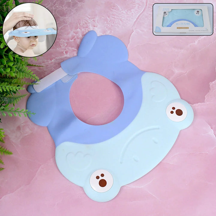 Baby silicone shower cap in blue with cute animal design for comfortable bath time protection