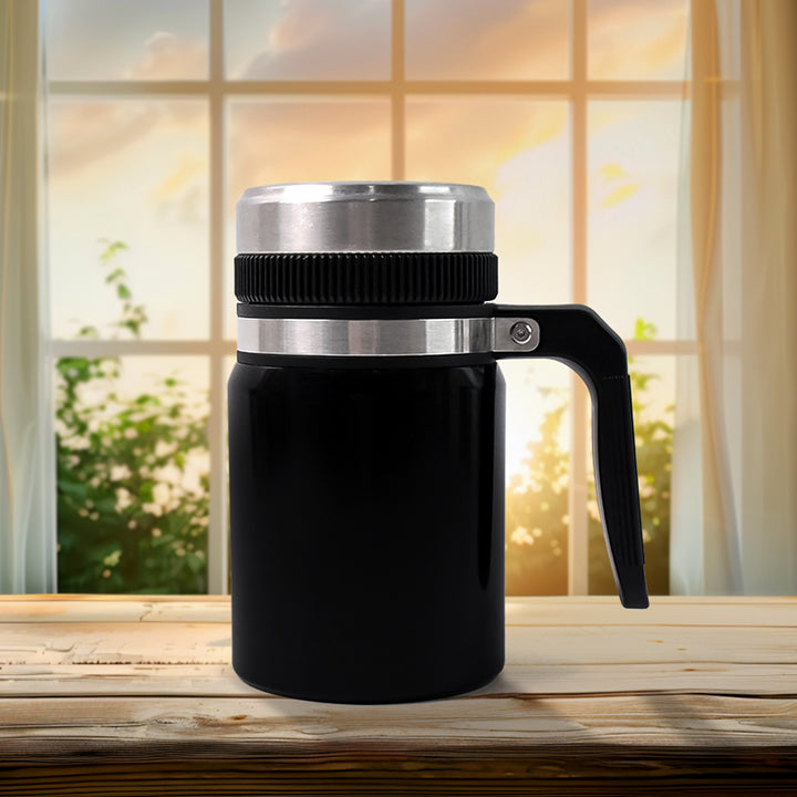 Superior eMart 600ml insulated coffee mug with handle in black and stainless steel on wooden table