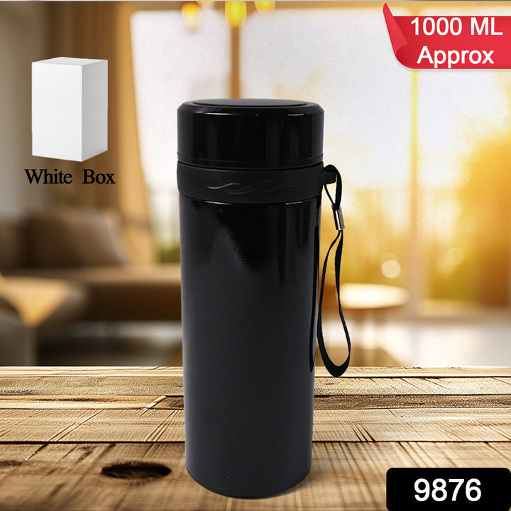 Superior eMart black stainless steel vacuum thermos 1000ml with carrying strap on wooden table