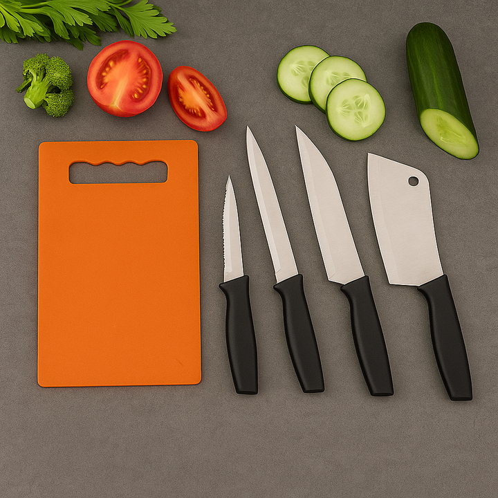 5-piece cutting board with knives set including four black-handled knives and an orange cutting board