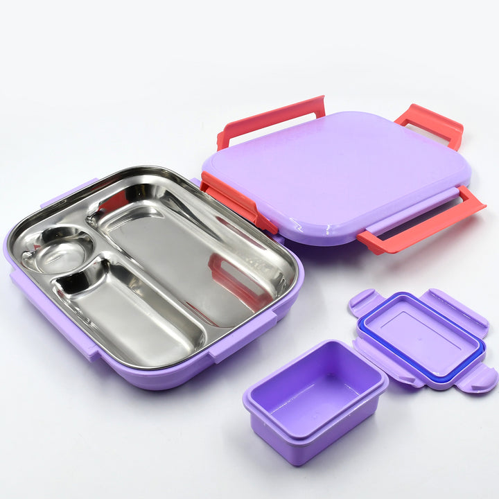 Steel plate lunch box with multiple compartments and colorful exterior for convenient meal storage