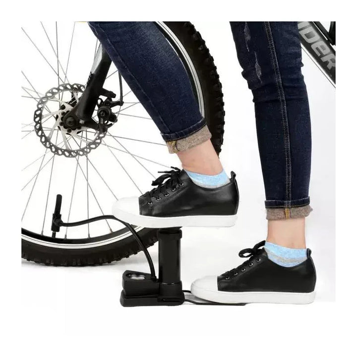 Compact foot pump for bike tires; ideal car and bike tire inflator for quick and easy inflation