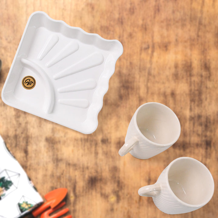 Superior eMart ceramic tea cup set with two white cups and matching tray on wooden surface