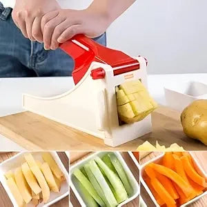A manual potato slicer and dicer with a red handle and white base, shown being operated by a person. The main view shows a potato being sliced, while three smaller inset images at the bottom display different vegetable cut options: potato strips, cucumber slices, and carrot strips.