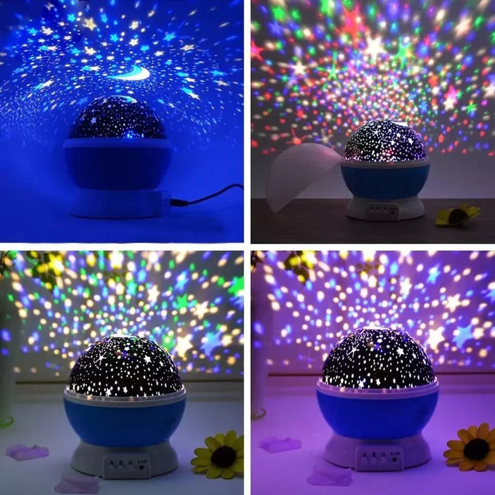 Color changing star projector lamp projecting vibrant star patterns on the ceiling and walls for a tranquil ambiance