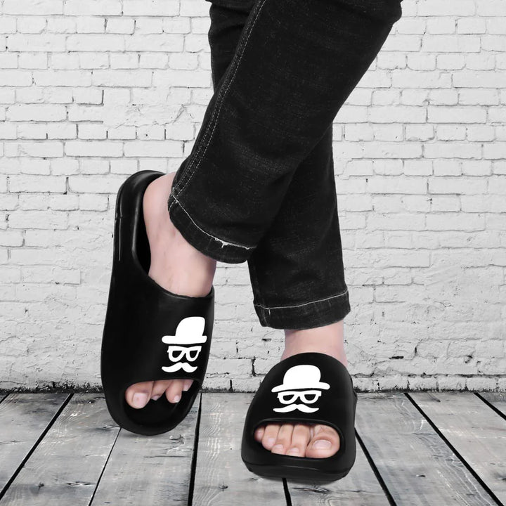 Stylish black comfortable men's slider with unique design for casual wear