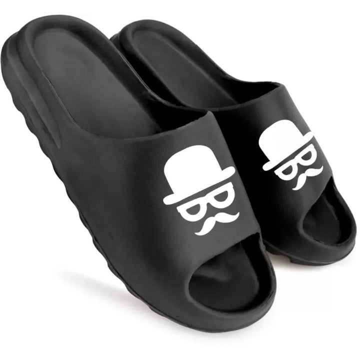 Comfortable men's slider with a stylish hat and mustache logo in black color