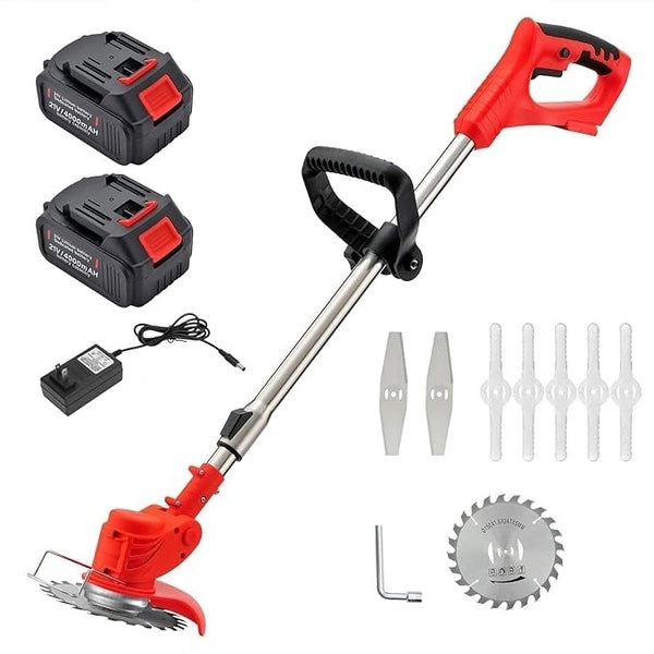 Cordless Grass Trimmer with Dual Blades, featuring two batteries and a charger for efficient cutting