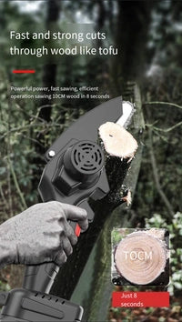 Superior eMart Cordless Mini Electric Chainsaw cutting through wood effortlessly in just 8 seconds