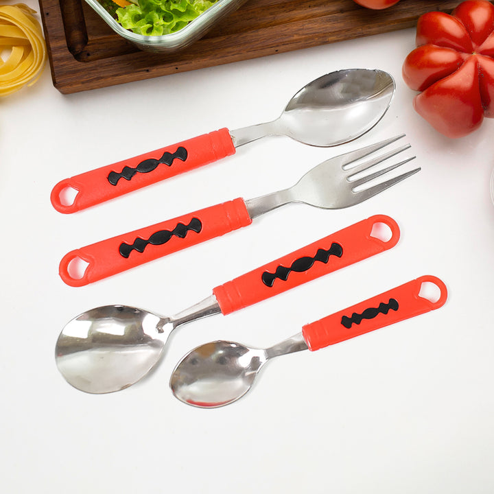Durable cutlery set with stand featuring red handles for vibrant dining experiences