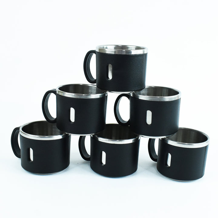 Superior eMart 6 piece stainless mug collection with black exterior and stainless steel interior