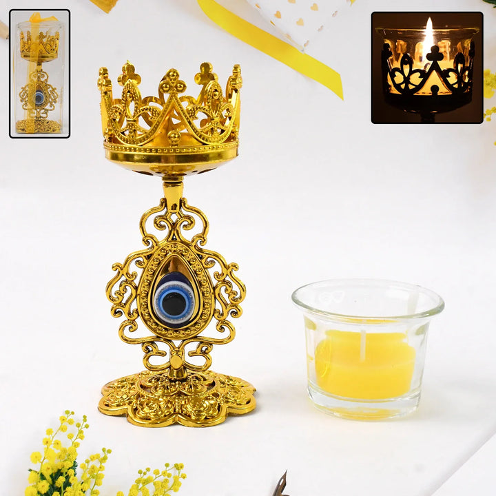 Elegant Diwali candle holder set in gold with intricate designs and a tealight candle