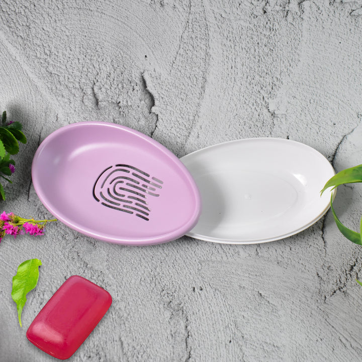 Pink and white drainable soap dish for bathroom with a modern design and drainage holes