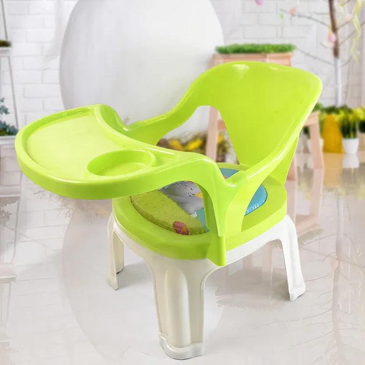Durable baby chair with tray in green for safe feeding and playtime