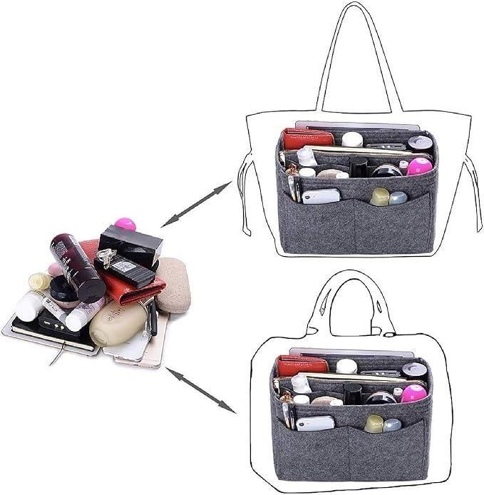 Gray felt purse organizer with multiple compartments for easy organization of essentials
