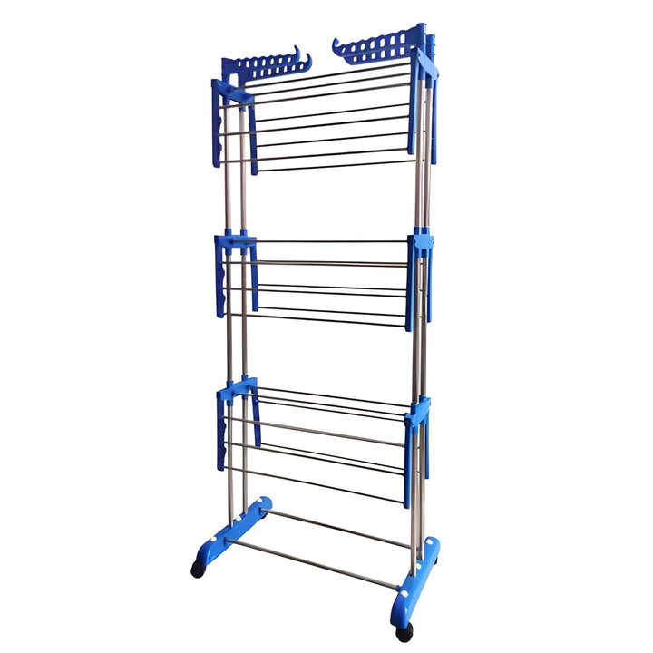 Superior eMart foldable clothes drying rack with three tiers and blue accents for efficient laundry drying